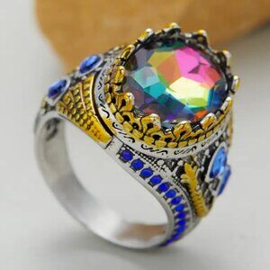 Stunning Large Multi-Colored Silver Ring Women Men Size 8